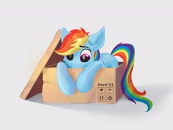 Size: 2480x1868 | Tagged: safe, artist:hornmlp, derpibooru import, rainbow dash, pony, box, ear fluff, ears, female, high res, looking down, mare, no mouth, pony in a box, simple background, solo, white background