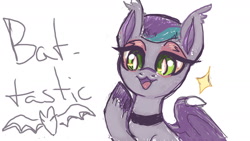 Size: 1280x720 | Tagged: safe, artist:hippykat13, artist:sabokat, derpibooru import, oc, oc only, oc:kitty sweet, bat pony, pony, :3, bat pony oc, choker, colorslive, ear fluff, ears, lidded eyes, open mouth, open smile, short hair, short mane, smiling, solo, species swap