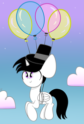 Size: 1009x1490 | Tagged: safe, artist:sugarcloud12, derpibooru import, oc, alicorn, pony, balloon, hat, male, solo, stallion