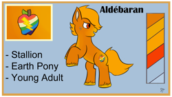 Size: 1192x670 | Tagged: safe, artist:schumette14, derpibooru import, oc, oc only, oc:aldébaran, earth pony, alternate universe, apple, food, male, multiverse, next generation, noprincessuniverse, offspring, orange, parent:applejack, parent:sunburst, parents:appleburst, stallion