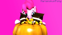 Size: 3840x2160 | Tagged: safe, artist:marianokun, derpibooru import, pinkie pie, earth pony, 3d, candy, chocolate, food, looking at you, pumpkin, source filmmaker