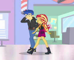 Size: 1152x937 | Tagged: safe, derpibooru import, edit, edited screencap, screencap, flash sentry, sunset shimmer, better together, do it for the ponygram!, equestria girls, cropped, date, female, flashimmer, male, shipping, straight