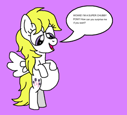 Size: 828x751 | Tagged: safe, artist:brobbol, derpibooru import, surprise, pegasus, pony, g1, g4, 1000 hours in ms paint, adoraprise, belly, big belly, bipedal, black text, chubby, cute, fat, female, g1 to g4, generation leap, lilac background, mare, simple background, speech bubble, talking, text, vore, weight gain