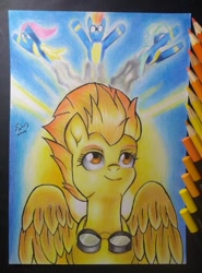 Size: 465x630 | Tagged: safe, artist:shadowingartist, derpibooru import, fluttershy, rainbow dash, spitfire, vapor trail, pegasus, pony, bright, drawing, flying, glasses, sky, smoking, traditional art, wings, wonderbolts