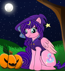 Size: 2310x2532 | Tagged: safe, artist:starsilk, derpibooru import, oc, oc:star silk, pegasus, full moon, glowing, grass, halloween, holiday, hood, moon, moonlight, night, october, pumpkin, sky, stars, tree, witch