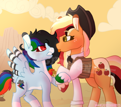 Size: 994x875 | Tagged: safe, artist:moonlightdisney5, derpibooru import, applejack, rainbow dash, earth pony, pegasus, appledash, applejack's hat, appleloosa, blushing, clothes, cowboy hat, female, freckles, hat, lesbian, redesign, shipping, sticking tongue out, unshorn fetlocks