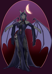 Size: 1140x1615 | Tagged: safe, artist:blackblood-queen, oc, oc only, oc:salem sonata, anthro, bat pony, unguligrade anthro, anthro oc, bat pony oc, commission, digital art, female, halloween, holiday, mare, moon, nightmare night, side slit, smiling, solo