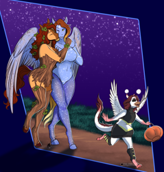 Size: 1140x1192 | Tagged: safe, artist:blackblood-queen, oc, oc only, oc:ember rose, oc:firelight, oc:honeypot meadow, anthro, bear, bugbear, dracony, dragon, earth pony, hybrid, pegasus, timber wolf, unguligrade anthro, ursa, ursa minor, adopted offspring, anthro oc, clothes, commission, costume, digital art, earth pony oc, family, female, filly, halloween, halloween costume, happy, holiday, jack-o-lantern, leonine tail, lesbian, lesbian couple, mare, mother and child, mother and daughter, nightmare night, nightmare night costume, parent and child, pegasus oc, pumpkin, smiling, tail, trick or treat, trick or treating