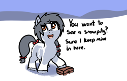 Size: 846x540 | Tagged: safe, artist:neuro, derpibooru import, oc, oc only, earth pony, pony, /mlp/, bow, briefcase, coat markings, dialogue, female, filly, fluffy, hair bow, looking up, open mouth, question, smiling, snow, snowpity, snowpony (species), solo, suitcase, taiga pony, tail, tail bow, talking to viewer, unshorn fetlocks, yakutian horse