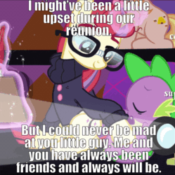 Size: 955x960 | Tagged: safe, edit, edited screencap, editor:undeadponysoldier, screencap, honey lemon, moondancer, spike, dragon, pony, unicorn, amending fences, the cutie re-mark, animated, best friends, best friends until the end of time, clipboard, edited gif, episode reference, explanation in the description, female, gif, glasses, glowing horn, heartwarming, horn, image macro, magic, male, mare, nudging, quill, spikelove, telekinesis