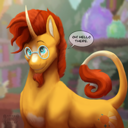 Size: 1500x1500 | Tagged: safe, artist:sursiq, derpibooru import, sunburst, classical unicorn, pony, unicorn, blurry background, cloven hooves, curved horn, detailed, dialogue, digital art, digital painting, facial hair, glasses, goatee, hello there, horn, leonine tail, looking up, male, raised tail, shading, smiling, solo, speech bubble, stallion, starry eyes, tail, unshorn fetlocks, wingding eyes