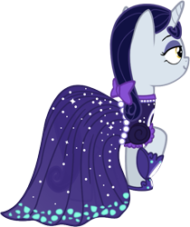 Size: 553x658 | Tagged: safe, artist:azgchip, derpibooru import, moonlight raven, pony, unicorn, bow, clothes, digital art, dress, eyeshadow, female, hoof shoes, makeup, mare, raised hoof, raised leg, rear view, simple background, solo, transparent background