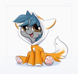Size: 2082x1981 | Tagged: safe, artist:mithriss, derpibooru import, oc, oc only, pony, unicorn, clothes, fox costume, happy, hoodie, open mouth, smiling, solo