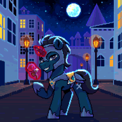 Size: 720x720 | Tagged: safe, artist:hikkage, derpibooru import, oc, oc only, oc:slashing prices, pony, unicorn, animated, armor, armor skirt, badge, canterlot, cutie mark, flower, gif, glowing, glowing horn, grin, helmet, hoof shoes, horn, lamp post, levitation, looking at you, magic, magic aura, male, moon, night, one eye closed, outdoors, pixel art, pose, rose, royal guard, royal guard armor, saddle, skirt, sky, smiling, smiling at you, solo, stallion, stars, street, tack, telekinesis, unicorn oc, window, wink, winking at you