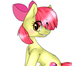 Size: 2561x2341 | Tagged: safe, artist:katzishiki, derpibooru import, apple bloom, earth pony, pony, blushing, female, filly, simple background, smiling, solo, transparent background