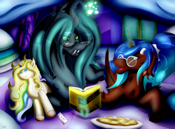 Size: 3363x2484 | Tagged: safe, artist:thebenalpha, derpibooru import, queen chrysalis, oc, oc:acry weaver, oc:aine aisling, alicorn, changeling, changeling queen, unicorn, alicorn oc, castle, duo, duo female, female, horn, night, pillow, plushie, unicorn oc, wings