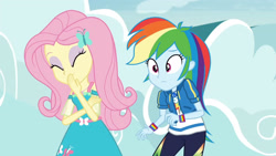 Size: 3410x1920 | Tagged: safe, derpibooru import, screencap, fluttershy, rainbow dash, better together, equestria girls, rollercoaster of friendship, clothes, cute, cutie mark, cutie mark on clothes, eyes closed, female, geode of fauna, geode of super speed, hairpin, high res, hoodie, jewelry, magical geodes, necklace, shyabetes, smiling