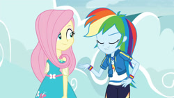 Size: 3410x1920 | Tagged: safe, derpibooru import, screencap, fluttershy, rainbow dash, better together, equestria girls, rollercoaster of friendship, clothes, cutie mark, cutie mark on clothes, eyes closed, female, geode of super speed, hairpin, hand on hip, high res, hoodie, jewelry, lip bite, magical geodes, necklace, smiling