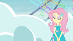 Size: 3410x1920 | Tagged: safe, derpibooru import, screencap, fluttershy, better together, equestria girls, rollercoaster of friendship, clothes, cutie mark, cutie mark on clothes, eyes closed, female, geode of fauna, hairpin, high res, jewelry, magical geodes, necklace, smiling, solo