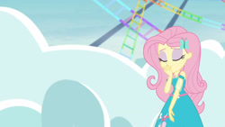 Size: 3410x1920 | Tagged: safe, derpibooru import, screencap, fluttershy, better together, equestria girls, rollercoaster of friendship, clothes, cutie mark, cutie mark on clothes, eyes closed, female, geode of fauna, hairpin, high res, jewelry, magical geodes, necklace, smiling, solo