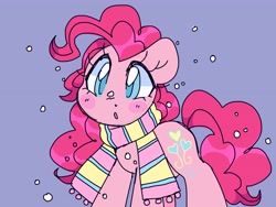 Size: 4000x3000 | Tagged: safe, artist:bunxl, derpibooru import, pinkie pie, earth pony, pony, clothes, scarf, snow, snowfall, solo