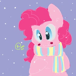 Size: 960x960 | Tagged: safe, artist:bunxl, derpibooru import, pinkie pie, earth pony, pony, 2014, clothes, scarf, snow, snowfall, solo