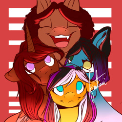 Size: 2000x2000 | Tagged: safe, artist:fantisai, derpibooru import, oc, oc only, earth pony, pony, unicorn, :d, abstract background, earth pony oc, glasses, group, horn, open mouth, open smile, signature, smiling, unicorn oc