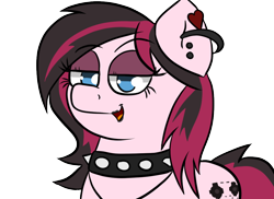 Size: 1100x800 | Tagged: safe, artist:tranzmuteproductions, derpibooru import, oc, oc only, oc:xena, earth pony, pony, bedroom eyes, bust, choker, ear piercing, earring, earth pony oc, eyelashes, goth, jewelry, lipstick, piercing, simple background, smiling, solo, spiked choker, transparent background