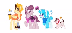 Size: 3000x1382 | Tagged: safe, artist:xxxan_of_fiery, derpibooru import, oc, oc:mystery (mysteryben), dog, earth pony, pegasus, pony, unicorn, amputee, clothes, collar, female, group, jacket, lewis, male, mare, mystery skulls, mystery skulls ghost, ponified, prosthetic limb, prosthetics, scarf, simple background, stallion, sunglasses, white background