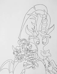 Size: 782x1021 | Tagged: safe, artist:gojira1604shinomura, derpibooru import, adagio dazzle, discord, grogar, king sombra, lord tirek, centaur, draconequus, sheep, siren, unicorn, equestria girls, horns, male, pencil drawing, plushie, ram, size difference, traditional art