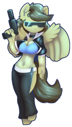 Size: 798x1408 | Tagged: safe, artist:afkregen, derpibooru import, oc, oc only, oc:static spark, anthro, pegasus, unguligrade anthro, belly button, breasts, cleavage, clothes, collar, female, fishnet stockings, gun, handgun, pistol, solo, sunglasses, weapon, wings