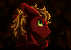 Size: 4299x3035 | Tagged: safe, artist:tofuslied-, derpibooru import, big macintosh, earth pony, pony, bust, fire, male, portrait, ruins, solo, stallion