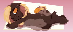 Size: 1440x632 | Tagged: safe, artist:rhythmpixel, derpibooru import, oc, oc only, oc:sweet marble, belly, belly button, lineless, looking at you, lying down, on side, solo, tail, tail bun