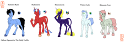 Size: 3600x1206 | Tagged: safe, artist:anelaponela, derpibooru import, oc, oc:blossom tree, oc:hailstorm, oc:moonstorm, oc:summer rain, oc:winter gale, earth pony, pony, unicorn, fallout equestria, ear fluff, ears, earth pony oc, fallout: equestria - the daily unlife, female, headcanon, horn, leonine tail, looking at you, male, raised hoof, raised leg, redesign, reference sheet, simple background, smiling, smiling at you, solo, tail, unicorn oc