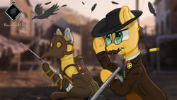 Size: 6000x3375 | Tagged: safe, artist:d3f4ult_4rt1st, derpibooru import, bird, crow, earth pony, pony, clothes, coat, cowboy hat, ear fluff, ears, feather, gun, hat, hunt showdown, plague doctor, plague doctor mask, ponified, rifle, sheriff, sheriff hardin, sheriff's badge, shotgun, shotgun shell, video game, weapon