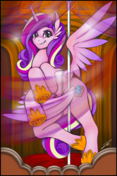 Size: 1280x1927 | Tagged: safe, artist:jennobasilicum, derpibooru import, princess cadance, alicorn, pony, carousel, female, grin, hoof shoes, mare, smiling, solo, stripper pole