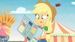 Size: 3410x1920 | Tagged: safe, derpibooru import, screencap, applejack, better together, equestria girls, rollercoaster of friendship, applejack's hat, belt, clothes, cowboy hat, denim skirt, female, geode of super strength, hat, high res, jewelry, magical geodes, necklace, open mouth, skirt, solo