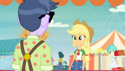 Size: 3410x1920 | Tagged: safe, derpibooru import, screencap, applejack, microchips, better together, equestria girls, rollercoaster of friendship, applejack's hat, belt, caramel apple (food), clothes, cowboy hat, cutie mark, cutie mark on clothes, denim skirt, female, geode of super strength, hat, high res, magical geodes, male, skirt