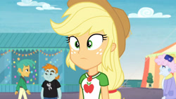 Size: 3410x1920 | Tagged: safe, derpibooru import, screencap, applejack, snails, snips, better together, equestria girls, rollercoaster of friendship, applejack's hat, clothes, cowboy hat, female, geode of super strength, hat, high res, jewelry, magical geodes, male, necklace