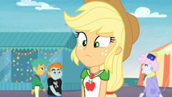 Size: 3410x1920 | Tagged: safe, derpibooru import, screencap, applejack, snails, snips, better together, equestria girls, rollercoaster of friendship, applejack's hat, clothes, cowboy hat, female, geode of super strength, hat, high res, jewelry, magical geodes, male, necklace