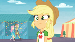 Size: 3410x1920 | Tagged: safe, derpibooru import, screencap, applejack, fluttershy, vignette valencia, better together, equestria girls, rollercoaster of friendship, applejack's hat, clothes, cowboy hat, female, geode of fauna, geode of super strength, hat, high res, jewelry, magical geodes, necklace