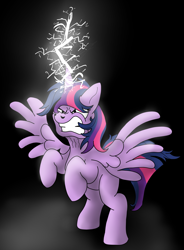 Size: 2033x2766 | Tagged: safe, artist:pony-thunder, derpibooru import, twilight sparkle, twilight sparkle (alicorn), alicorn, pony, bipedal, female, gritted teeth, lightning, magic, ponytober, solo, spell