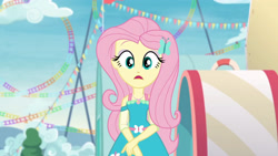 Size: 3410x1920 | Tagged: safe, derpibooru import, screencap, fluttershy, better together, equestria girls, rollercoaster of friendship, clothes, cutie mark, cutie mark on clothes, female, geode of fauna, hairpin, high res, jewelry, magical geodes, necklace, open mouth, solo