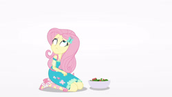 Size: 3410x1920 | Tagged: safe, derpibooru import, screencap, fluttershy, better together, equestria girls, rollercoaster of friendship, clothes, cutie mark, cutie mark on clothes, female, food, geode of fauna, hairpin, high res, jewelry, magical geodes, necklace, salad, sandals, solo