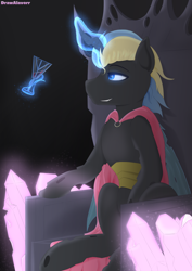 Size: 2480x3507 | Tagged: safe, artist:drawalaverr, derpibooru import, oc, oc:king regal, changeling, alcohol, blue changeling, cape, clothes, double colored changeling, gem, glass, glowing, glowing eyes, looking up, magic, magic aura, male, sitting, solo, throne, wine, wine glass, wings, yellow changeling