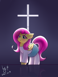 Size: 2258x3000 | Tagged: safe, artist:ninebuttom, derpibooru import, fluttershy, pegasus, pony, christianity, cross, solo