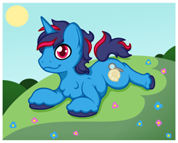 Size: 1442x1166 | Tagged: safe, artist:tuft, derpibooru import, oc, oc only, oc:kyanite crush, pony, unicorn, blue coat, cutie mark, flower, fossil, gift art, lying down, magnifying glass, male, meadow, prone, purple mane, red eyes, red mane, smiling, solo, stallion, sun, two toned mane, unshorn fetlocks