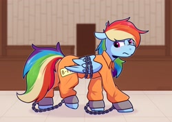 Size: 4093x2894 | Tagged: safe, artist:jellysiek, derpibooru import, rainbow dash, pegasus, pony, ankle chain, ankle cuffs, bondage, bound wings, chains, clothes, commission, cuffs, grumpy, prison, prison outfit, prisoner rd, solo, wings