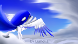 Size: 1920x1080 | Tagged: safe, artist:lumolla, derpibooru import, oc, pegasus, pony, cloud, solo, spread wings, wings