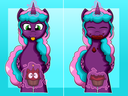 Size: 1463x1095 | Tagged: safe, artist:tuft, derpibooru import, oc, oc only, oc:crimson rune, oc:jinx weaver, pony, unicorn, 2 panel comic, :3, bite mark, blue background, blushing, both cutie marks, candle, cellular peptide cake (with mint frosting), comic, commission, crumbs, cupcake, eating, eyes closed, eyes on the prize, female, food, food transformation, glowing, glowing horn, horn, inanimate tf, levitation, magic, mare, messy eating, out of frame, shrunken pupils, simple background, telekinesis, tongue, tongue out, transformation, wide eyes, wide hips